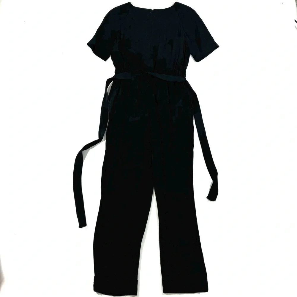 Ann Taylor Tapered Leg Jumpsuit Black Tie Waist Round Neck